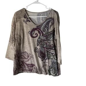 Petite XL Womens Paisley Print Shirt‎ Beige Purple Long Sleeve Witchy Whimsigoth